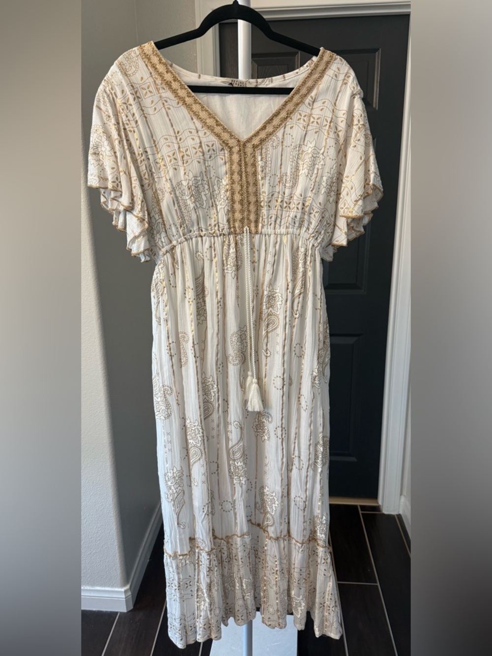 Cream Maxi Dress with Gold Embroidery and Tassel Waist